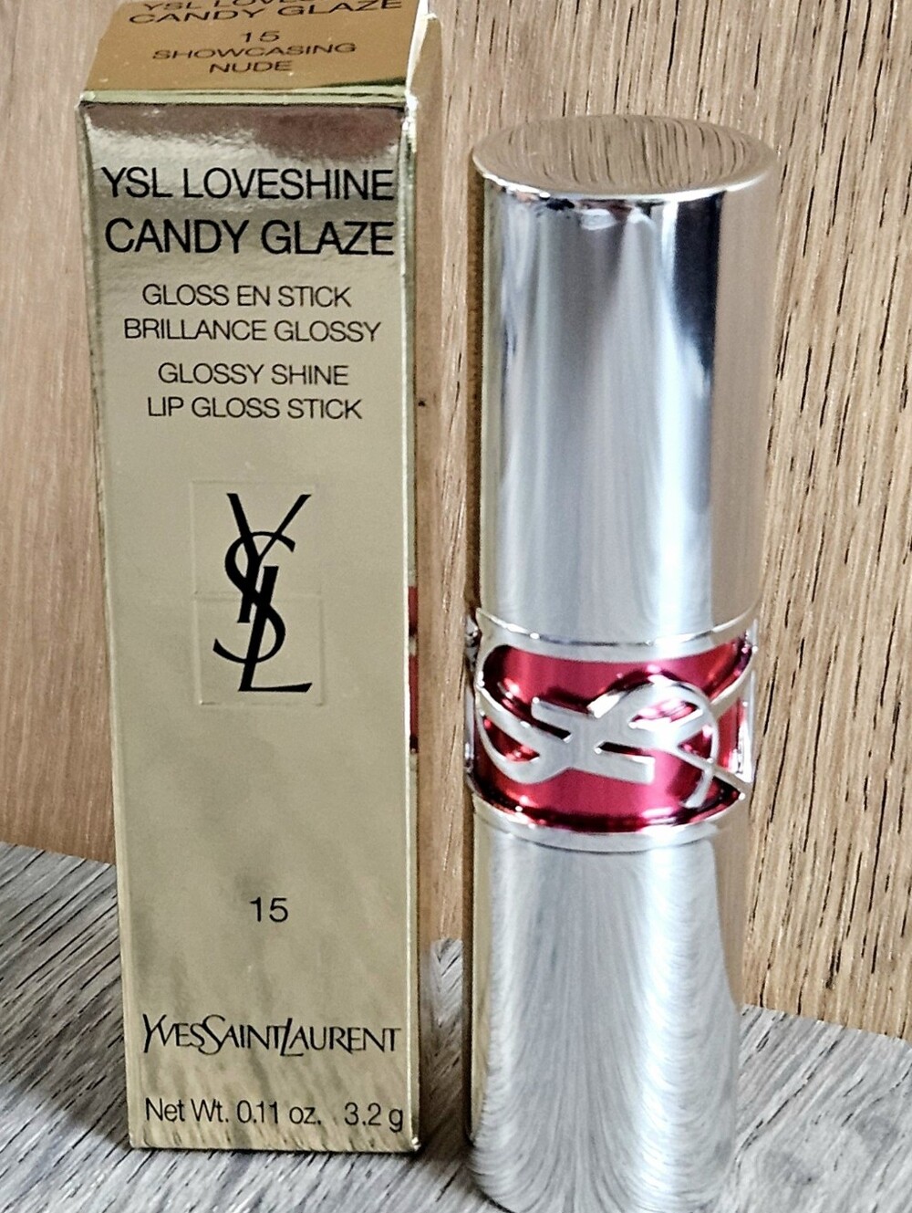 YSL Loveshine Candy Glaze In Shade 15 Showcasing Nude NEW Msrp $43 Lip Gloss Stk